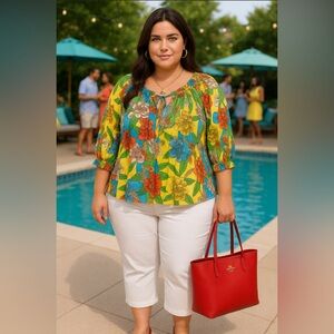 NWT Current Air Colorful Floral Blouse with front tie size large 🌹🌹🌺